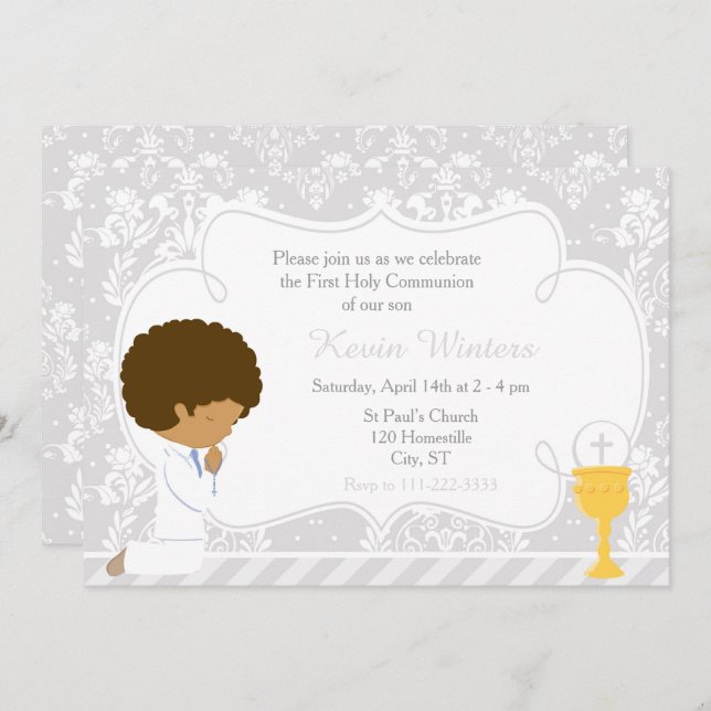 Invitation African American Boy First Communion Damask (Devant / Derrière)