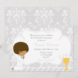 Invitation African American Boy First Communion Damask