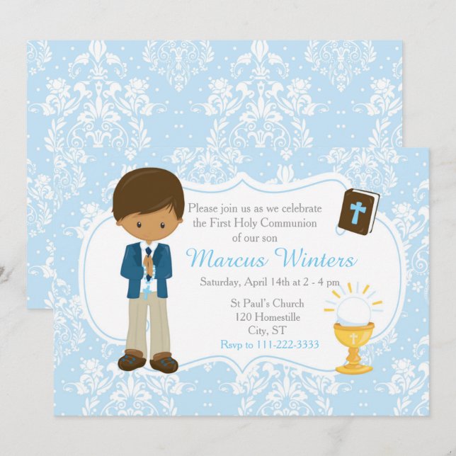 Invitation African American Boy First Communion Damask (Devant / Derrière)