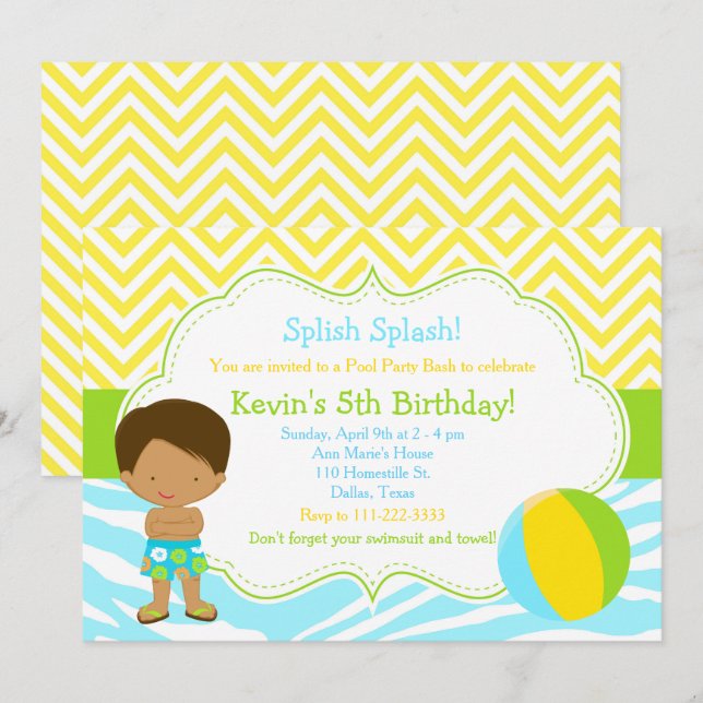 Invitation African American Boy Pool Party Bash Party (Devant / Derrière)