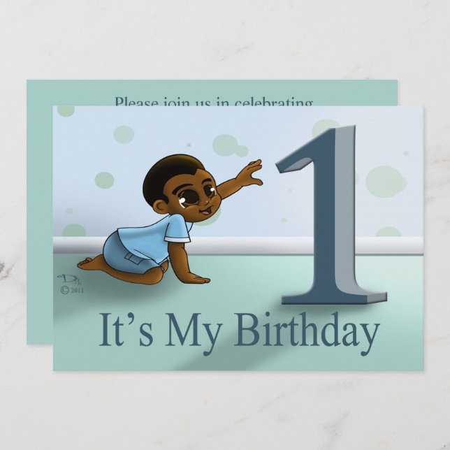Invitation African American Boy Premier anniversaire (Devant / Derrière)