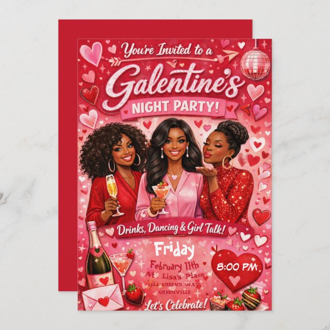 Invitation African American Galentine's Night Friends Party (Devant / Derrière)