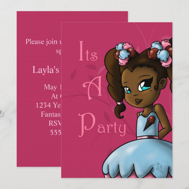 Invitation African American Girl and Ice Cream Birthday Party (Devant / Derrière)