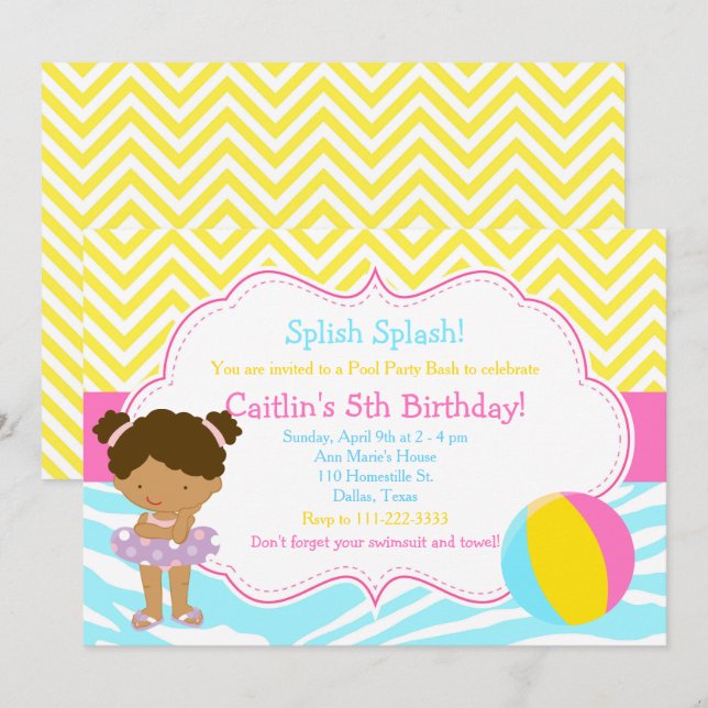 Invitation African American Girl Pool Party Bash (Devant / Derrière)