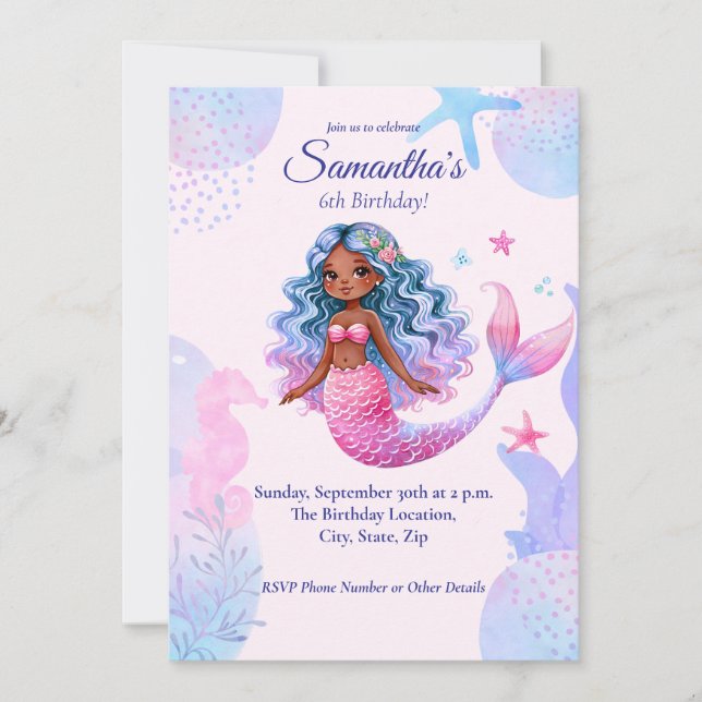 Invitation African American Mermaid Pink and Purple Party (Devant)