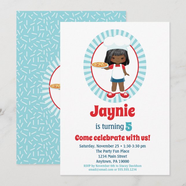Invitation African American Pizza Party Girl - Anniversaire d (Devant / Derrière)