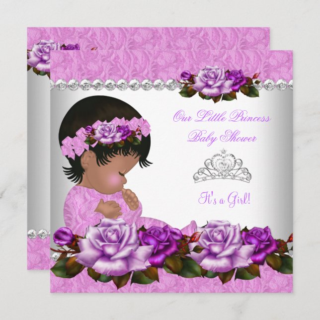 Invitation African American Princess Baby shower Girl Rose 3a (Devant / Derrière)