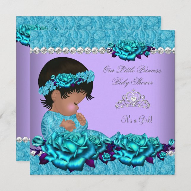Invitation African American Princess Baby shower Girl Rose 4a (Devant / Derrière)