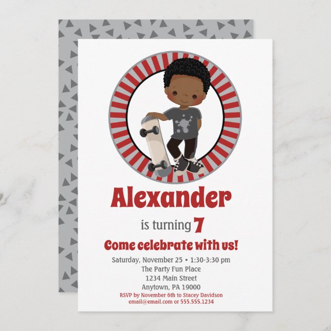 Invitation African American Skateboard Boy Birthday (Devant / Derrière)