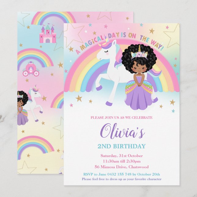 Invitation African Princess Unicorn Anniversaire Party Rainbo (Devant / Derrière)