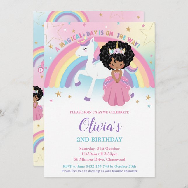 Invitation African Princess Unicorn Birthday Party Rainbow (Devant / Derrière)