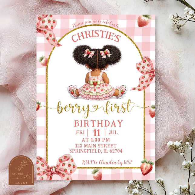 Invitation afro african Girl Pink Bow strawberry berry first  (Créateur téléchargé)