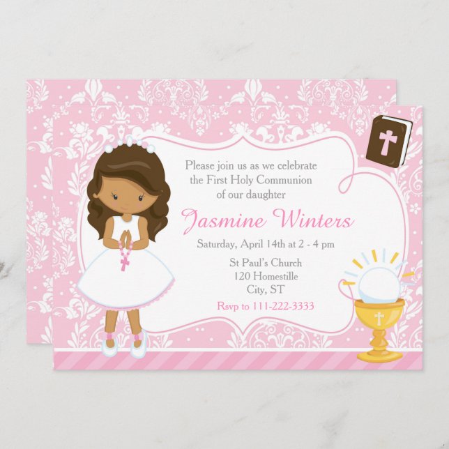 Invitation Afro-Américaine Première Communion Damask (Devant / Derrière)