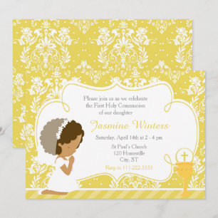 Invitation Afro-Américaine Première Communion Gold Damask