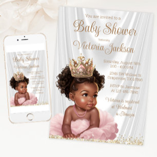 Invitation Afro-Américaine Princesse Baby shower Or rose
