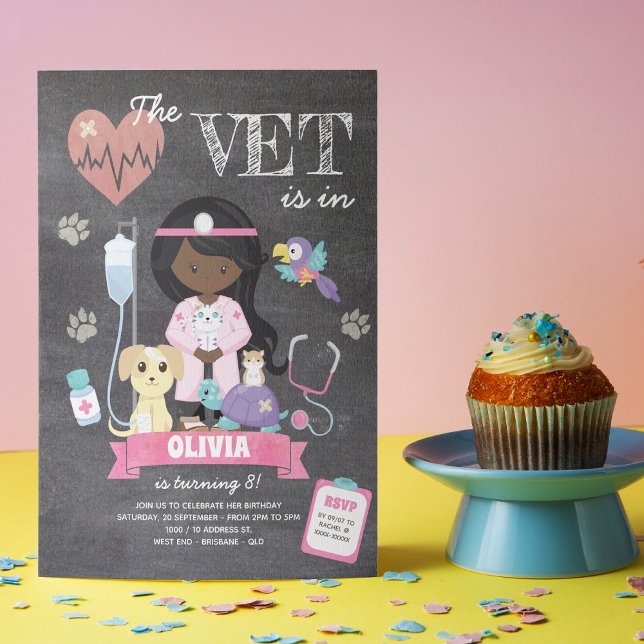 Invitation Afro Chalkboard Girl Vet Anniversaire Fête Invitat (This girl’s vet birthday invitation is just the right medicine to give your little one celebration!)