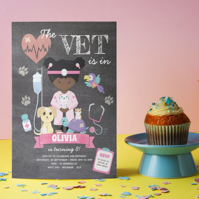 Invitation Afro Chalkboard Girl Vet Anniversaire Fête Invitat (This girl’s vet birthday invitation is just the right medicine to give your little one celebration!)