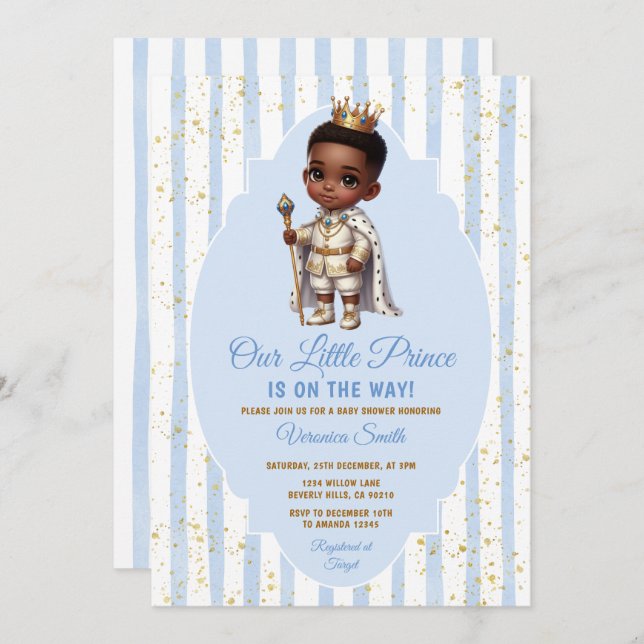 Invitation Afro Prince is on the way Blue Baby Shower Crown (Devant / Derrière)