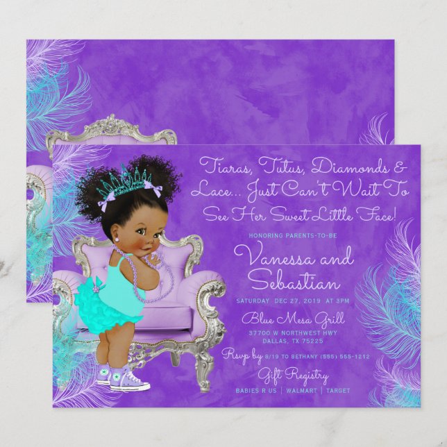 Invitation Afro Puff Baby shower bleu turquoise (Devant / Derrière)