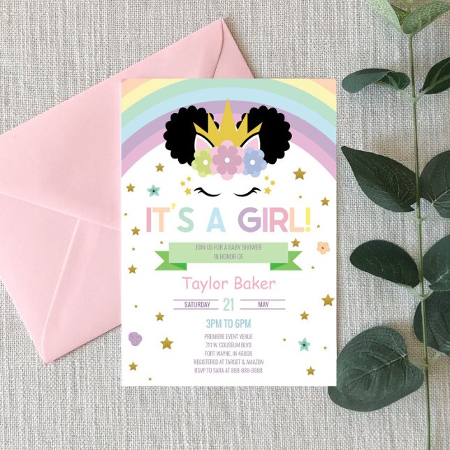 Invitation Afro Puff Unicorn et Rainbows Baby shower (Créateur téléchargé)