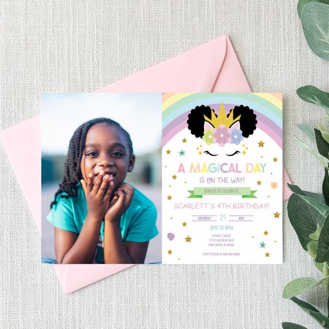 Invitation Afro Puff Unicorn et Rainbows fête d'anniversaire (Créateur téléchargé)