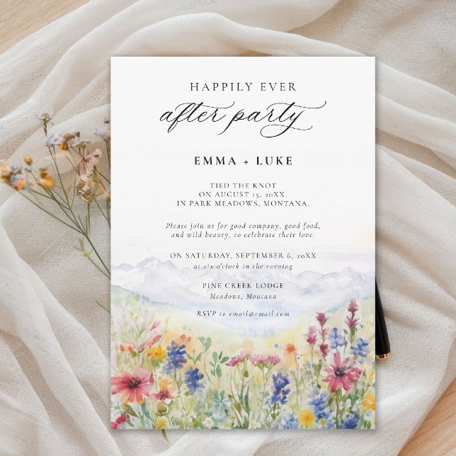 Invitation After Party Mountains Meadow Wildflowers Wedding (elopement after party invitation happily ever mountain wildflowers meadow watercolor modern)
