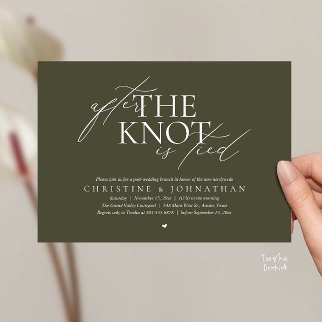 Invitation After The Knot Tied, Post Wedding Elopement Brunch (After The Knot Tied, Post Wedding Elopement Brunch Invitation card contemporary clean olive green)