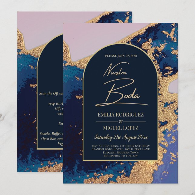 Invitation Agate Bleu Or Nuestra Boda Mariage Espagnol LeahG (Devant / Derrière)