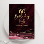 Invitation Agate Burgundy Gold 60e anniversaire<br><div class="desc">Bourgogne et or agate 60e anniversaire invitation de fête. Elégant design moderne avec marsala rouge foncé aquarelle vin agate marbre arrière - plan,  fausse parties scintillant or et typographie script police. Carte invitation branchée parfaite pour une célébration anniversaire féminine élégante. Invitations Zazzle imprimées ou téléchargement instantané modèle imprimable numérique.</div>