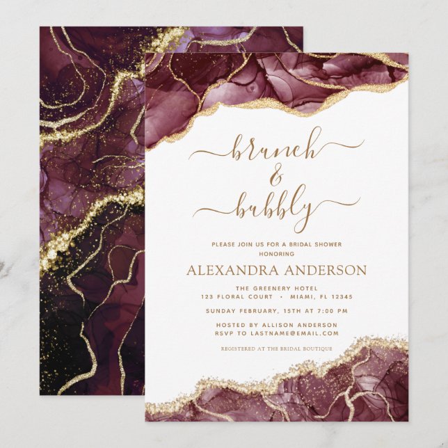 Invitation Agate Burgundy Gold Brunch & Bubbly Fête des marié (Devant / Derrière)