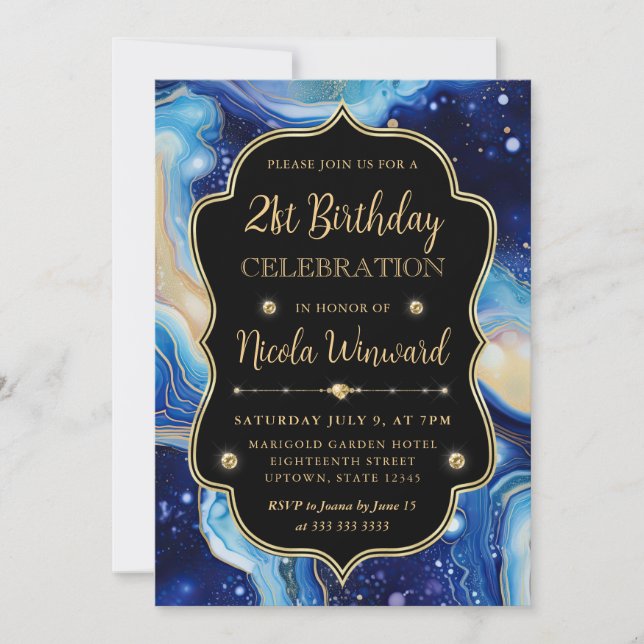 Invitation Agate Céleste | Anniversaire Marbre Bleu Violet (Devant)