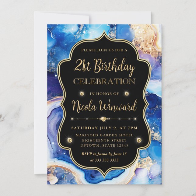 Invitation Agate Céleste | Anniversaire Marbre Bleu Violet (Devant)