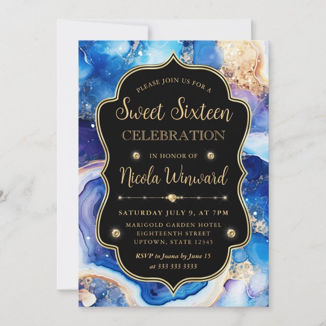 Invitation Agate Céleste | Bleu Violet Marbre Sweet 16 (Devant)