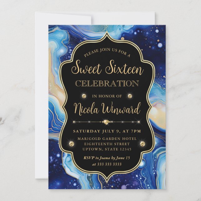 Invitation Agate Céleste | Bleu Violet Marbre Sweet 16 (Devant)