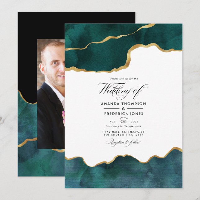 Invitation Agate de géoode turquoise et or Mariage virtuel Ph (Devant / Derrière)