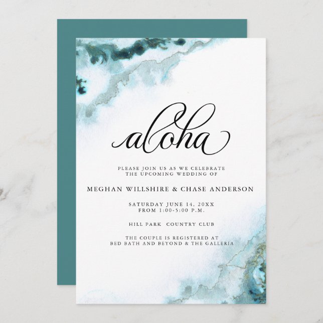 Invitation Agate de mousse aquarelle sarcelle moderne Aloha (Devant / Derrière)