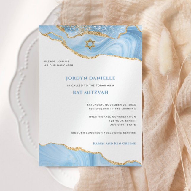 Invitation Agate de Parties scintillant bat mitzvah, bleu cla (Créateur téléchargé)