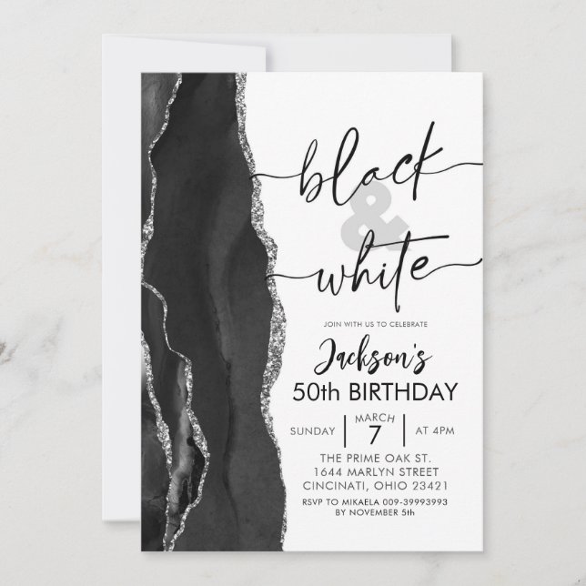Invitation Agate Elegant noir blanc fête d'anniversaire (Devant)