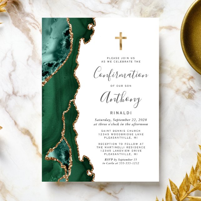 Invitation Agate Émeraude Vert Or Paillettes Confirmation (Créateur téléchargé)