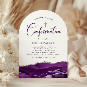 Invitation Agate et croix en argent et pourpre   Confirmation