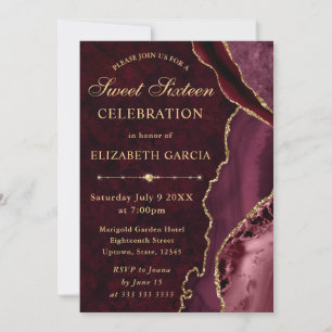Invitation Agate et marbre rouge et or pailleté Sweet 16