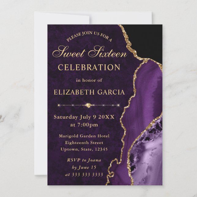 Invitation Agate et marbre violet et or scintillant Douze ans (Devant)