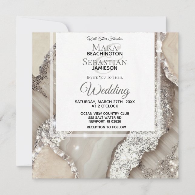 Invitation *~*AGATE GRIS D'ARGENT Marbre RSVP AR66 QR Mariage (Devant)