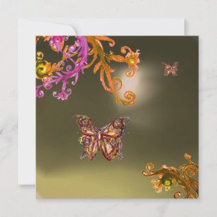 Invitation AGATE GRIS PAPILLON, rose vif jaune marron