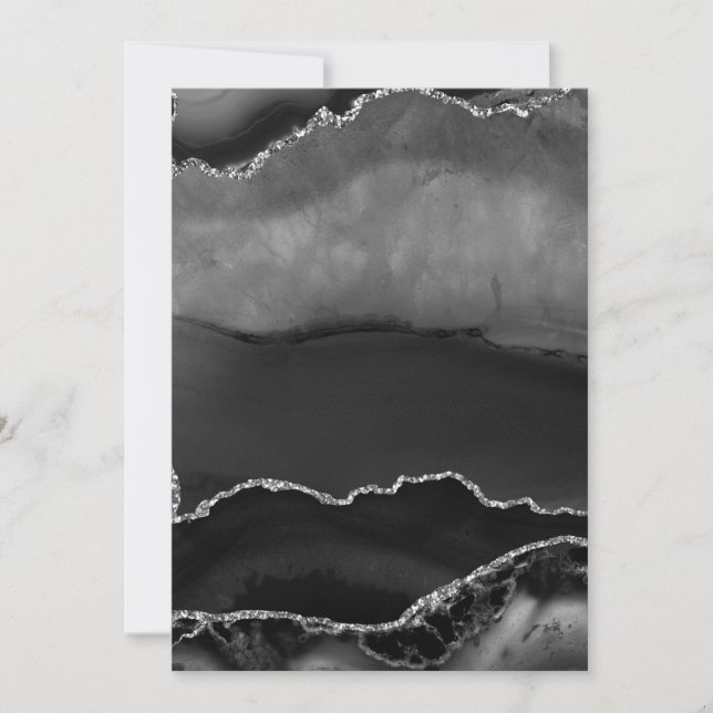 Invitation Agate Marbrée Noire Fausse Paillettes Argentées Él (Devant)