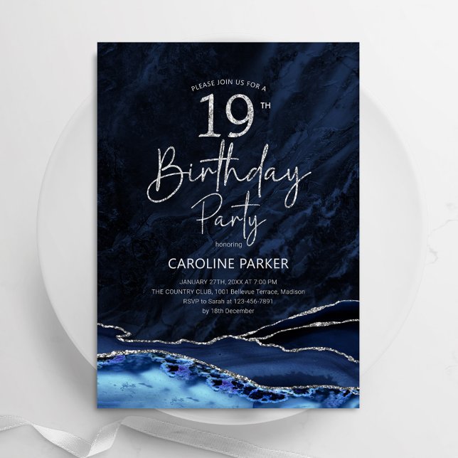 Invitation Agate Marine Bleu Argent 19e anniversaire (Créateur téléchargé)
