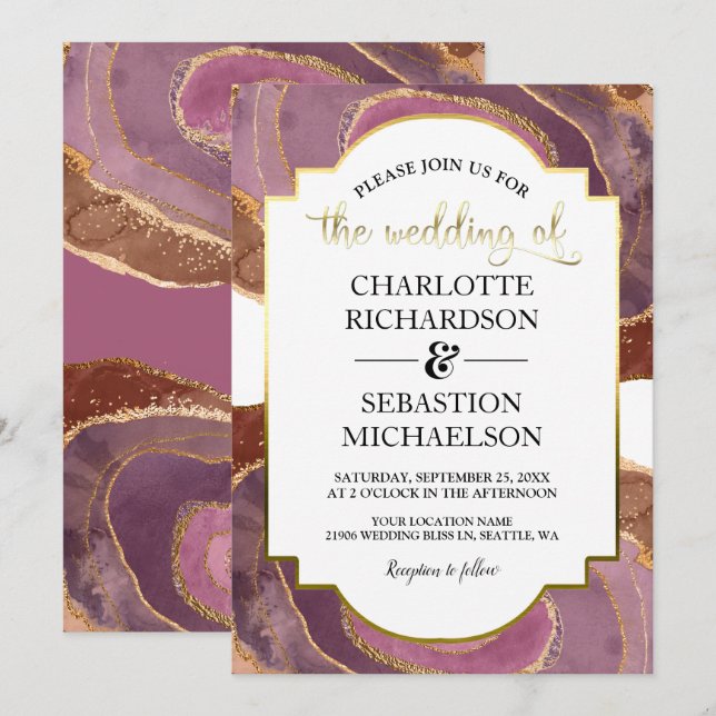 Invitation Agate Mauve Aquarelle Vintage Mariage or (Devant / Derrière)