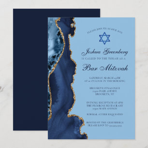 Invitation Agate moderne Blue Gold Bar Mitzvah Party