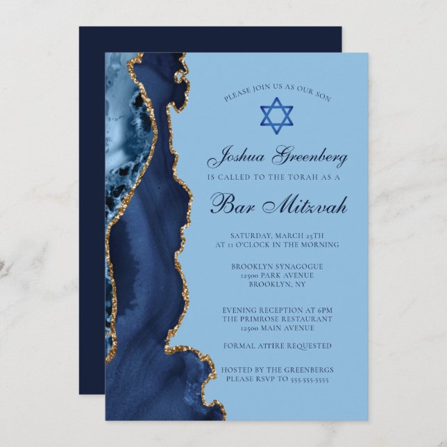 Invitation Agate moderne Blue Gold Bar Mitzvah Party (Devant / Derrière)