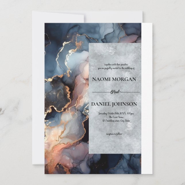 Invitation Agate moderne en marbre bleu et bracelet (Devant)